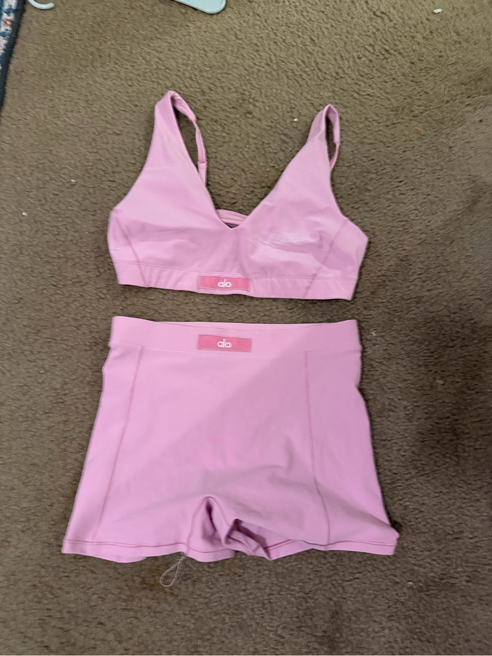 ALO Yoga Light Pink V-Neck Sports Bra and High-Rise Bike Shorts Set